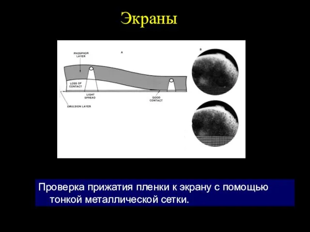 Экраны Проверка прижатия пленки к экрану с помощью тонкой металлической сетки.