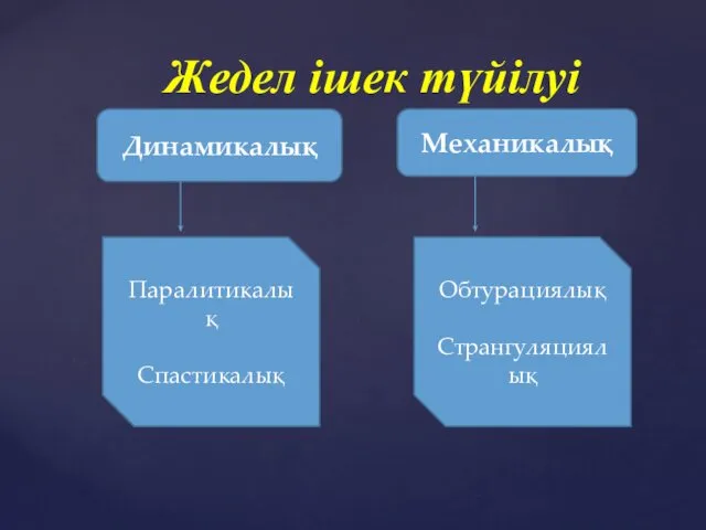 Жедел ішек түйілуі Динамикалық Механикалық Паралитикалық Спастикалық Обтурациялық Странгуляциялық