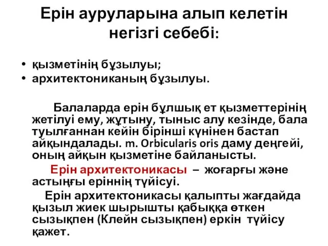 Ерін ауруларына алып келетін негізгі себебі: қызметінің бұзылуы; архитектониканың бұзылуы.