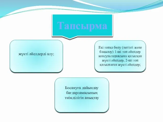 жүкті әйелдерді алу; Екі топқа бөлу (негізгі және бақылау) 1-ші