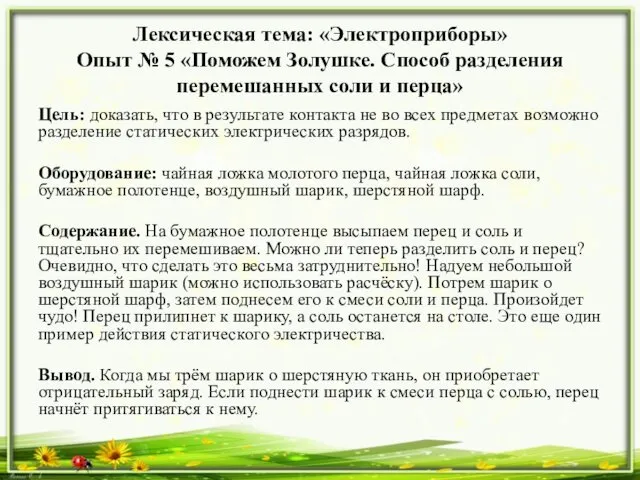 Лексическая тема: «Электроприборы» Опыт № 5 «Поможем Золушке. Способ разделения