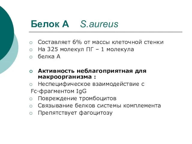 Белок А S.aureus Составляет 6% от массы клеточной стенки На
