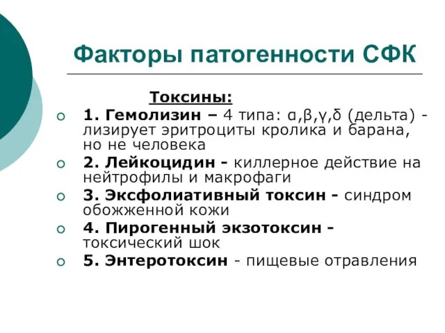 Факторы патогенности СФК Токсины: 1. Гемолизин – 4 типа: α,β,γ,δ