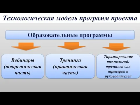 Технологическая модель программ проекта Вебинары (теоретическая часть) Тренинги (практическая часть)