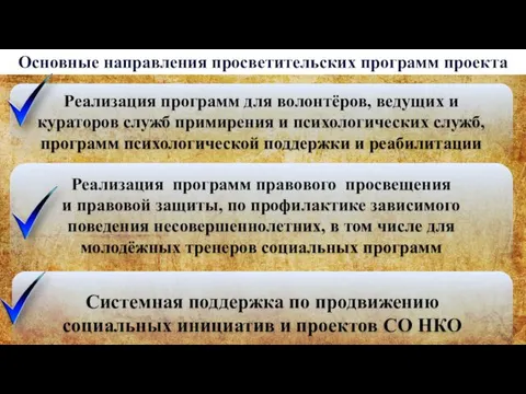 Основные направления просветительских программ проекта Реализация программ для волонтёров, ведущих и кураторов служб