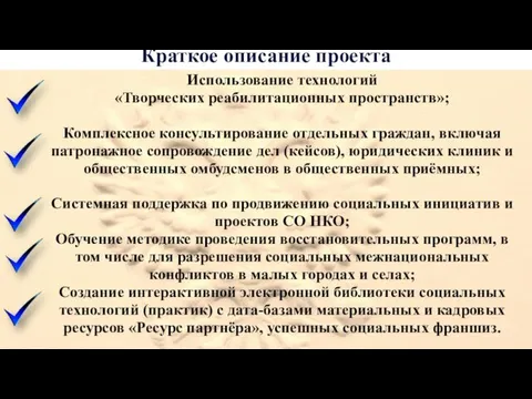 Краткое описание проекта Использование технологий «Творческих реабилитационных пространств»; Комплексное консультирование отдельных граждан, включая