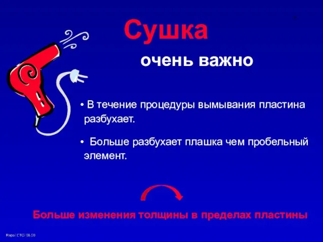 Сушка очень важно В течение процедуры вымывания пластина разбухает. Больше