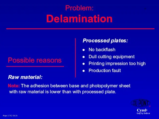 Problem: Delamination Processed plates: No backflash Dull cutting equipment Printing