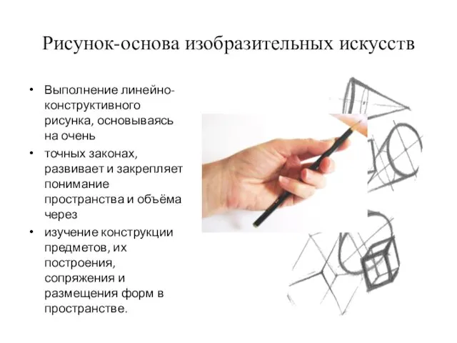 Рисунок-основа изобразительных искусств Выполнение линейно-конструктивного рисунка, основываясь на очень точных законах, развивает и