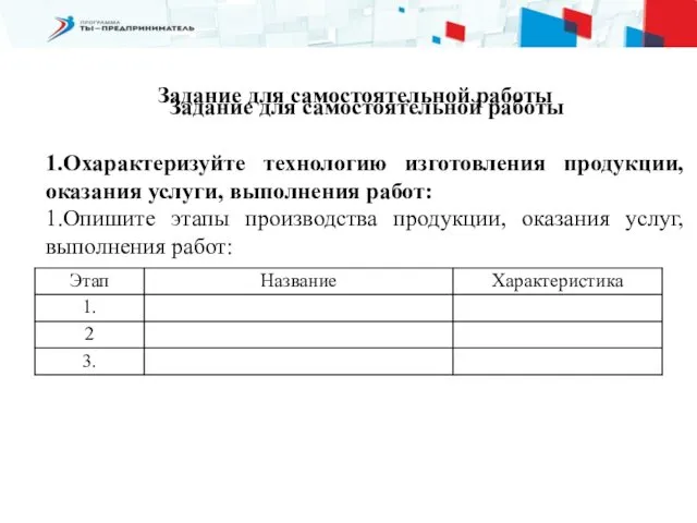 Задание для самостоятельной работы 1.Охарактеризуйте технологию изготовления продукции, оказания услуги,