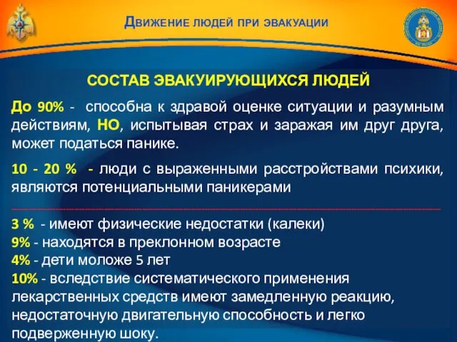 Движение людей при эвакуации СОСТАВ ЭВАКУИРУЮЩИХСЯ ЛЮДЕЙ До 90% -