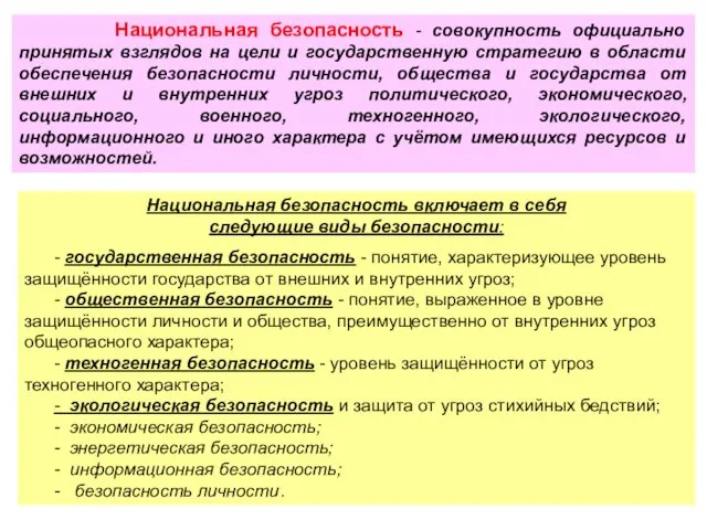 Национальная безопасность - совокупность официально принятых взглядов на цели и государственную стратегию в