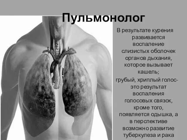 Пульмонолог В результате курения развивается воспаление слизистых оболочек органов дыхания,