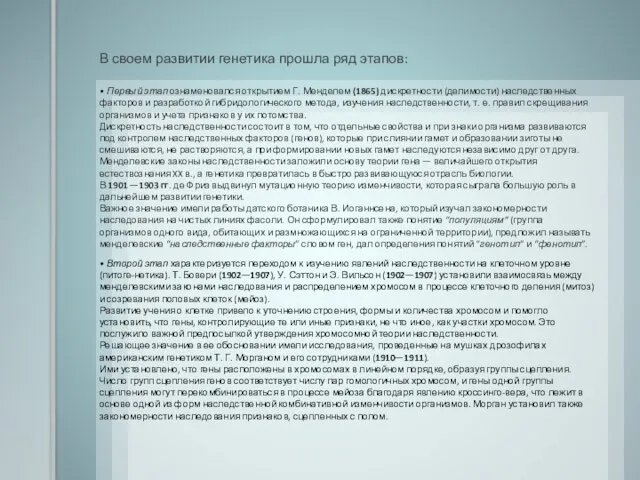 В своем развитии генетика прошла ряд этапов: • Первый этап