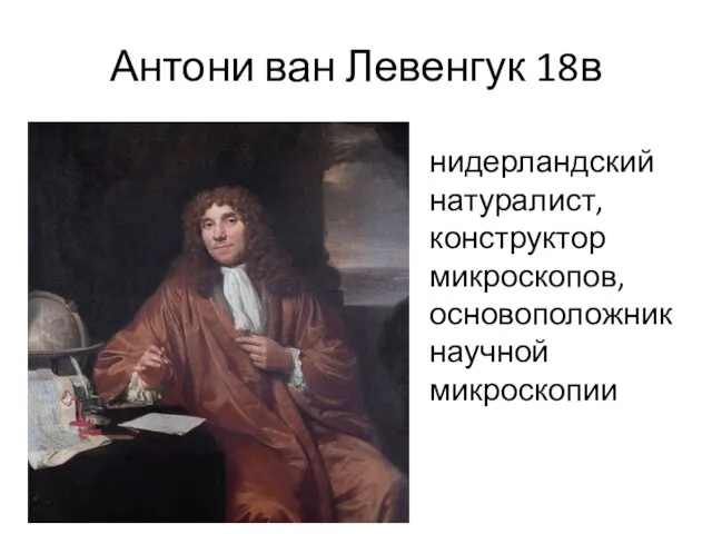 Антони ван Левенгук 18в нидерландский натуралист, конструктор микроскопов, основоположник научной микроскопии