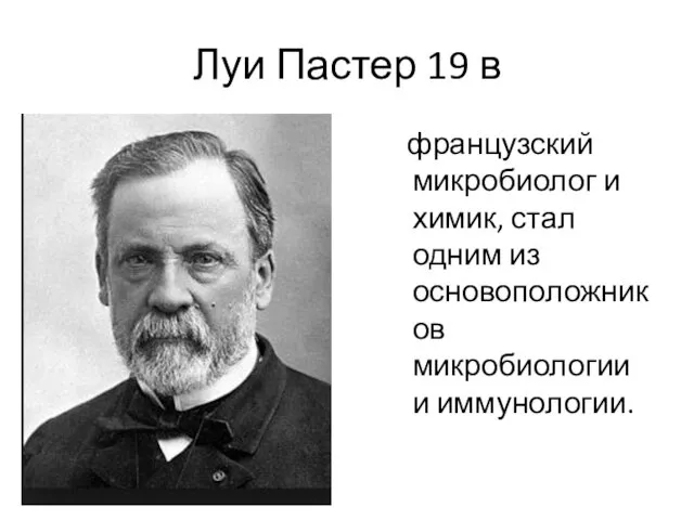 Луи Пастер 19 в французский микробиолог и химик, стал одним из основоположников микробиологии и иммунологии.