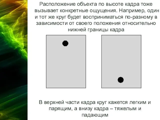 Расположение объекта по высоте кадра тоже вызывает конкретные ощущения. Например, один и тот