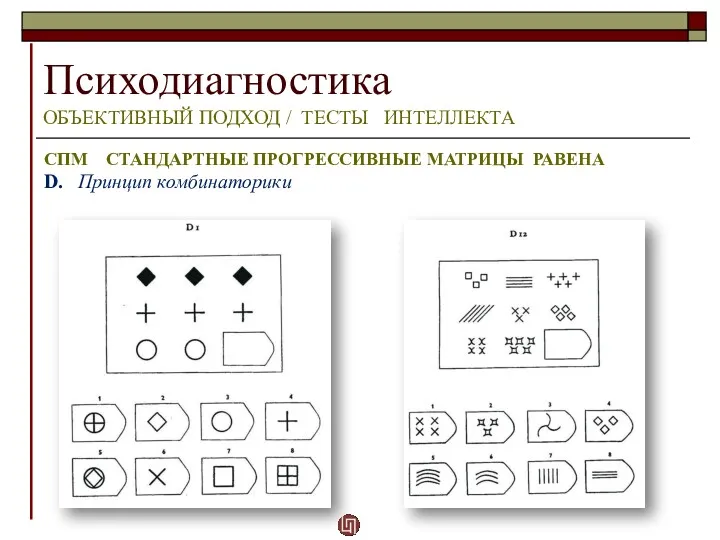 Психодиагностика ОБЪЕКТИВНЫЙ ПОДХОД / ТЕСТЫ ИНТЕЛЛЕКТА СПМ СТАНДАРТНЫЕ ПРОГРЕССИВНЫЕ МАТРИЦЫ РАВЕНА D. Принцип комбинаторики