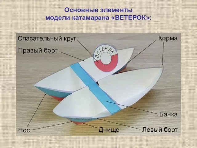 Основные элементы модели катамарана «ВЕТЕРОК»: Днище Нос Корма Спасательный круг Правый борт Левый борт Банка