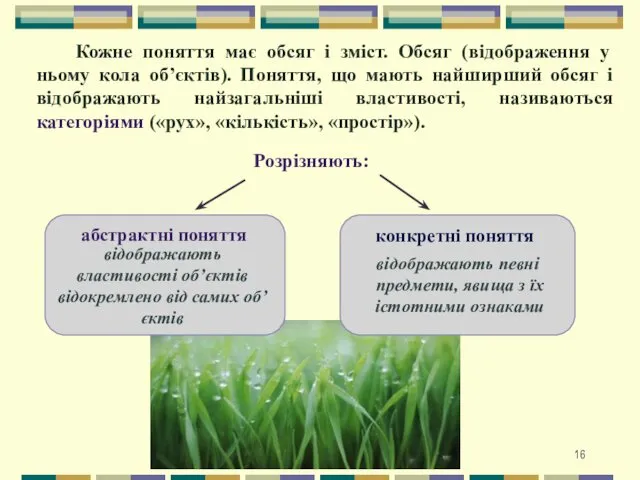 Кожне поняття має обсяг і зміст. Обсяг (відображення у ньому