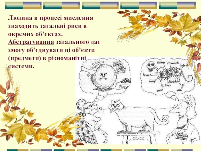 Людина в процесі мислення знаходить загальні риси в окремих об’єктах.