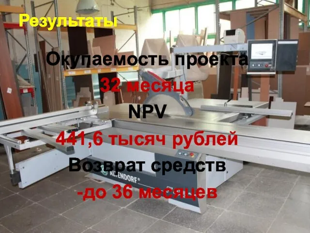 Результаты Окупаемость проекта 32 месяца NPV 441,6 тысяч рублей Возврат средств -до 36 месяцев