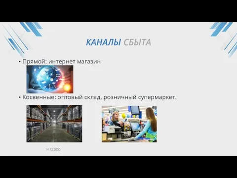 КАНАЛЫ СБЫТА Прямой: интернет магазин Косвенные: оптовый склад, розничный супермаркет. 14.12.2020