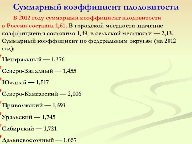 В 2012 году суммарный коэффициент плодовитости в России составил 1,61.