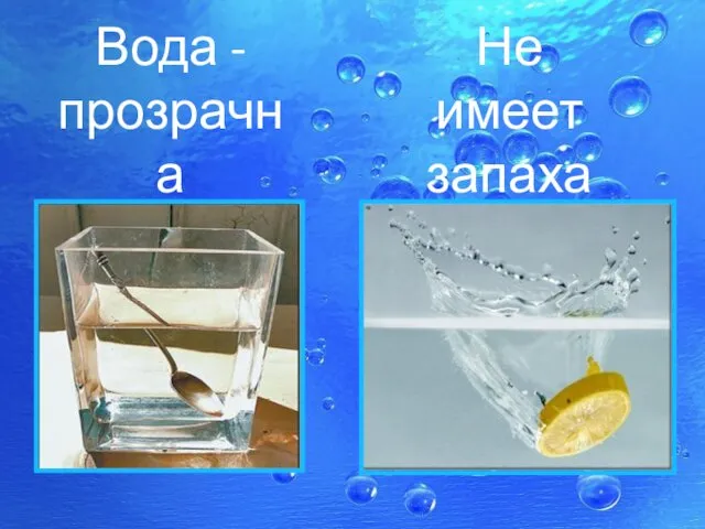 Вода - прозрачна Не имеет запаха