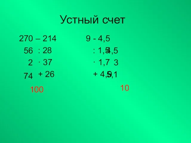 Устный счет 270 – 214 9 - 4,5 : 28