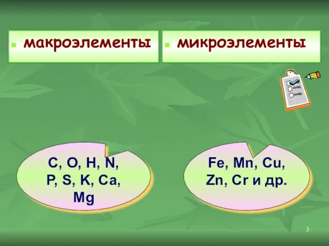 макроэлементы микроэлементы Fe, Mn, Cu, Zn, Cr и др. C,