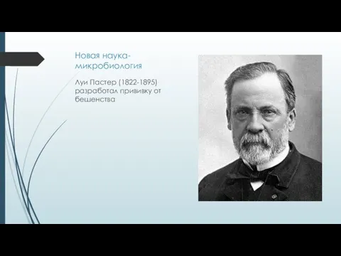 Новая наука- микробиология Луи Пастер (1822-1895) разработал прививку от бешенства