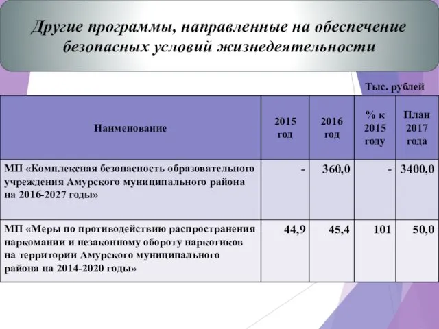 Другие программы, направленные на обеспечение безопасных условий жизнедеятельности Тыс. рублей