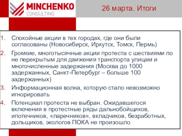 26 марта. Итоги Спокойные акции в тех городах, где они