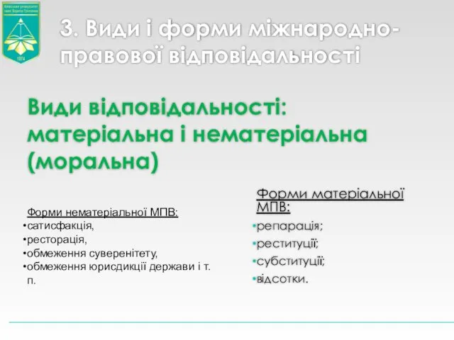 3. Види і форми міжнародно-правової відповідальності Види відповідальності: матеріальна і нематеріальна (моральна) Форми