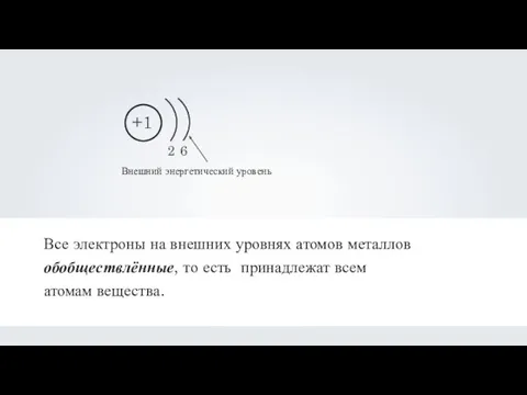 Все электроны на внешних уровнях атомов металлов обобществлённые, то есть принадлежат всем атомам вещества. 6