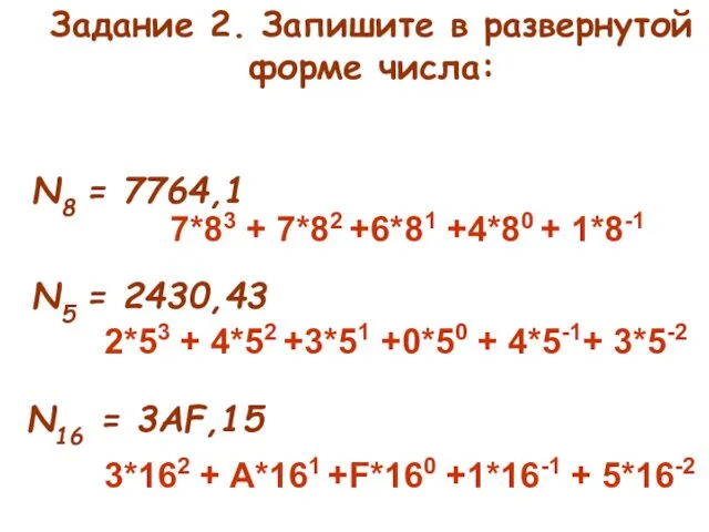 Задание 2. Запишите в развернутой форме числа: N8 = 7764,1