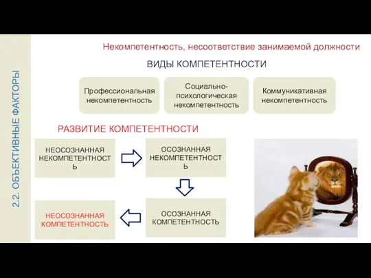 Некомпетентность, несоответствие занимаемой должности Профессиональная некомпетентность Социально- психологическая некомпетентность НЕОСОЗНАННАЯ