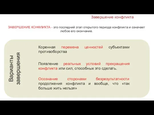 Завершение конфликта «Уничтожение» одного или даже обоих субъектов конфликта ЗАВЕРШЕНИЕ