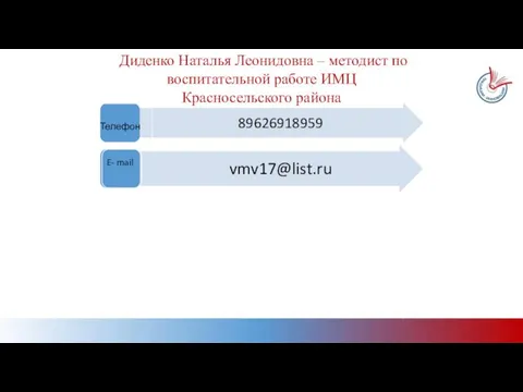 89626918959 Телефон vmv17@list.ru Диденко Наталья Леонидовна – методист по воспитательной