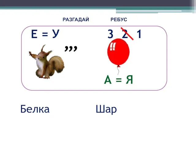 Белка Шар Е = У , , , 3 2 1 А = Я РАЗГАДАЙ РЕБУС