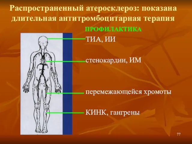 Распространенный атеросклероз: показана длительная антитромбоцитарная терапия ПРОФИЛАКТИКА ТИА, ИИ стенокардии, ИМ перемежающейся хромоты КИНК, гангрены