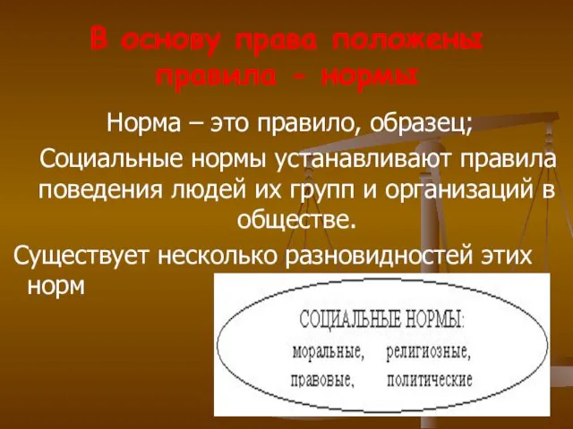 Норма – это правило, образец; Социальные нормы устанавливают правила поведения