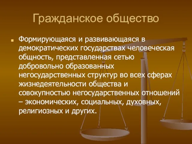 Гражданское общество Формирующаяся и развивающаяся в демократических государствах человеческая общность,