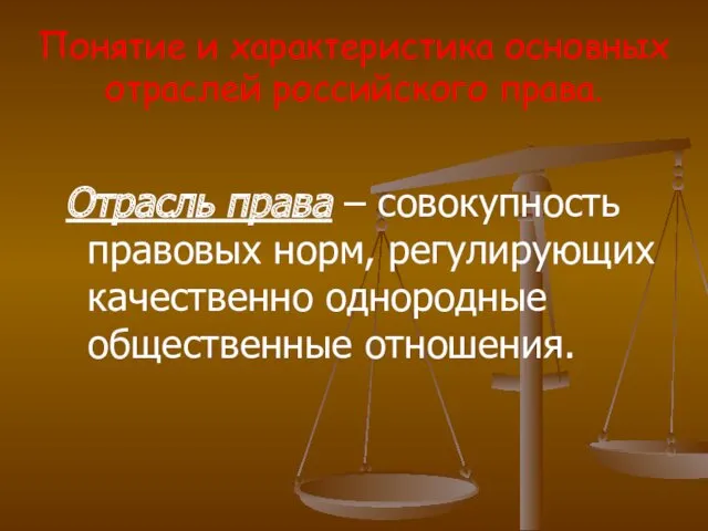 Понятие и характеристика основных отраслей российского права. Отрасль права – совокупность правовых норм,