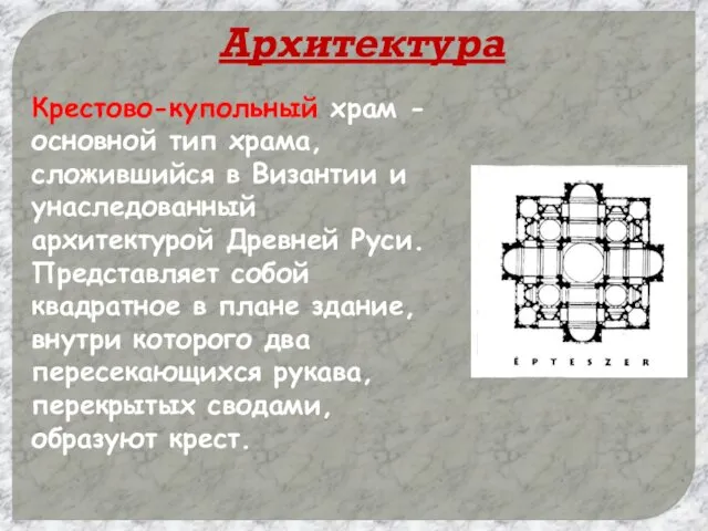 Архитектура Крестово-купольный храм - основной тип храма, сложившийся в Византии и унаследованный архитектурой