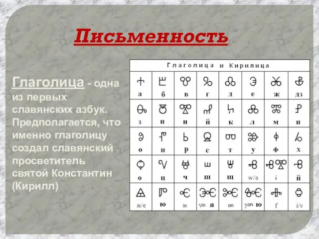 Письменность Глаголица - одна из первых славянских азбук. Предполагается, что