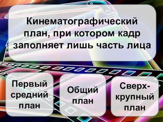 Кинематографический план, при котором кадр заполняет лишь часть лица Первый средний план Общий план Сверх-крупный план