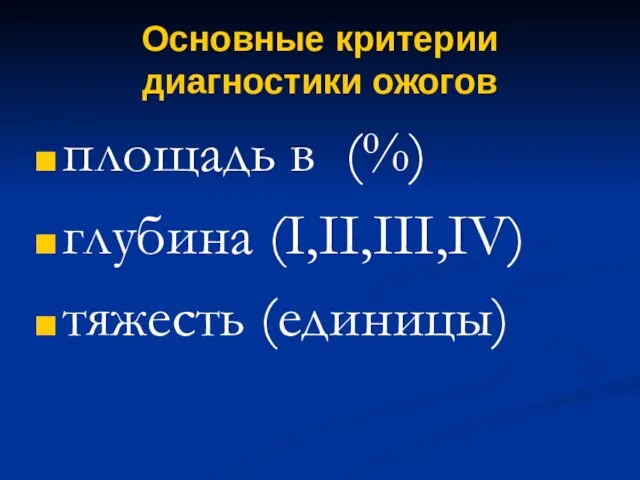 Основные критерии диагностики ожогов площадь в (%) глубина (I,II,III,IV) тяжесть (единицы)