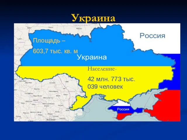 Украина Площадь – 603,7 тыс. кв. м Население- 42 млн. 773 тыс. 039 человек